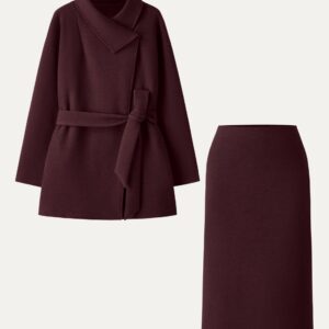 2-teiliges Set: Wickelmantel mit Gürtel und wandelbarem Kragen & figurformender A-Linien-Schlupfrock (Midi-Länge).