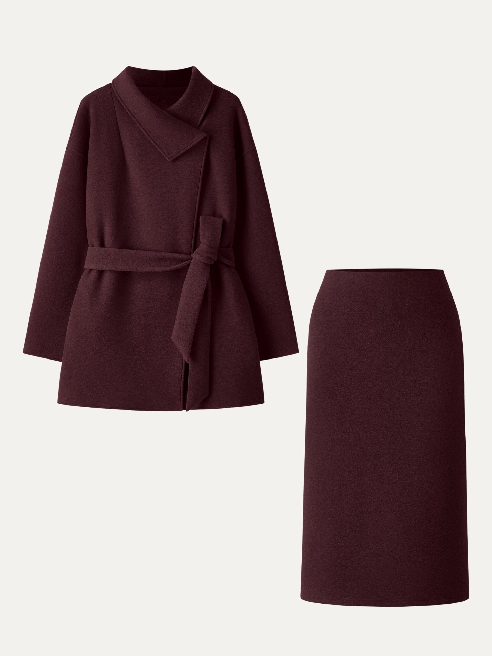 2-teiliges Set: Wickelmantel mit Gürtel und wandelbarem Kragen & figurformender A-Linien-Schlupfrock (Midi-Länge).