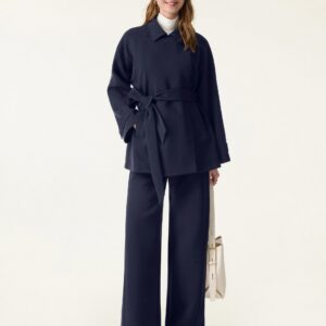 2-teiliges Set: Mantel mit wandelbarem Kragen und Gürtel & weite Hose mit Einsätzen und Taschen