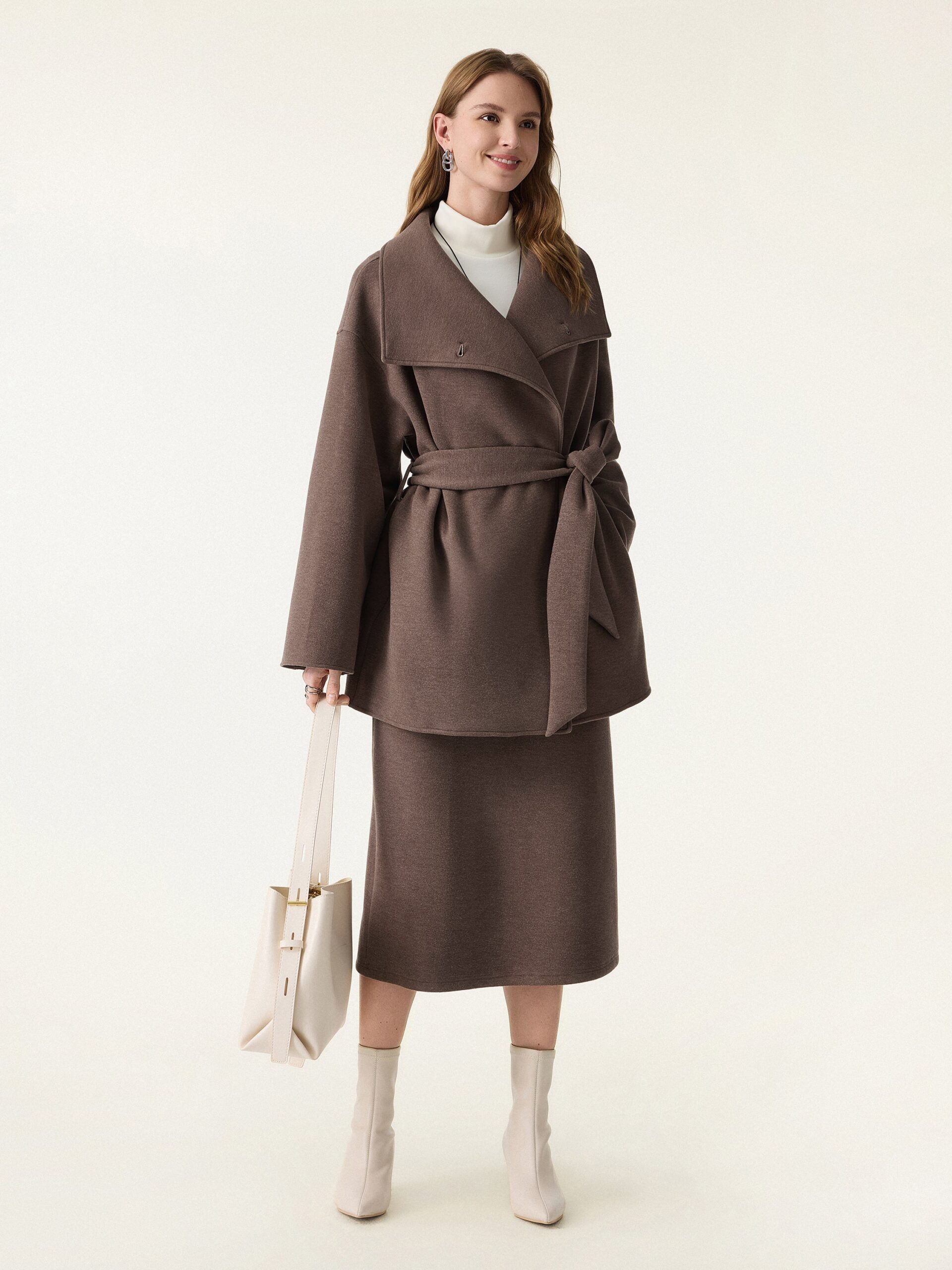 2-teiliges Set: Wickelmantel mit Gürtel und wandelbarem Kragen & figurformender A-Linien-Schlupfrock (Midi-Länge). - Image 4