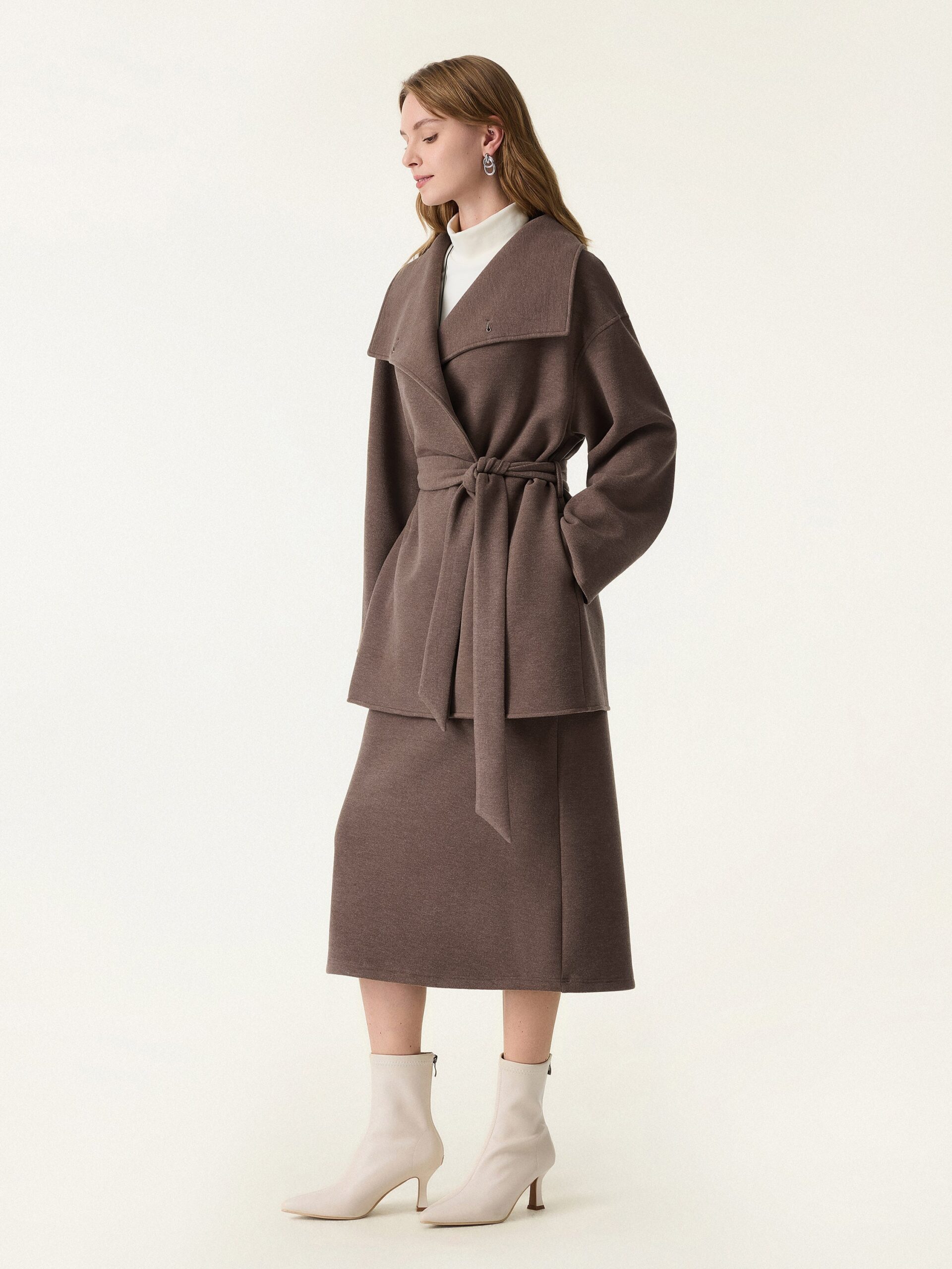 2-teiliges Set: Wickelmantel mit Gürtel und wandelbarem Kragen & figurformender A-Linien-Schlupfrock (Midi-Länge). - Image 5