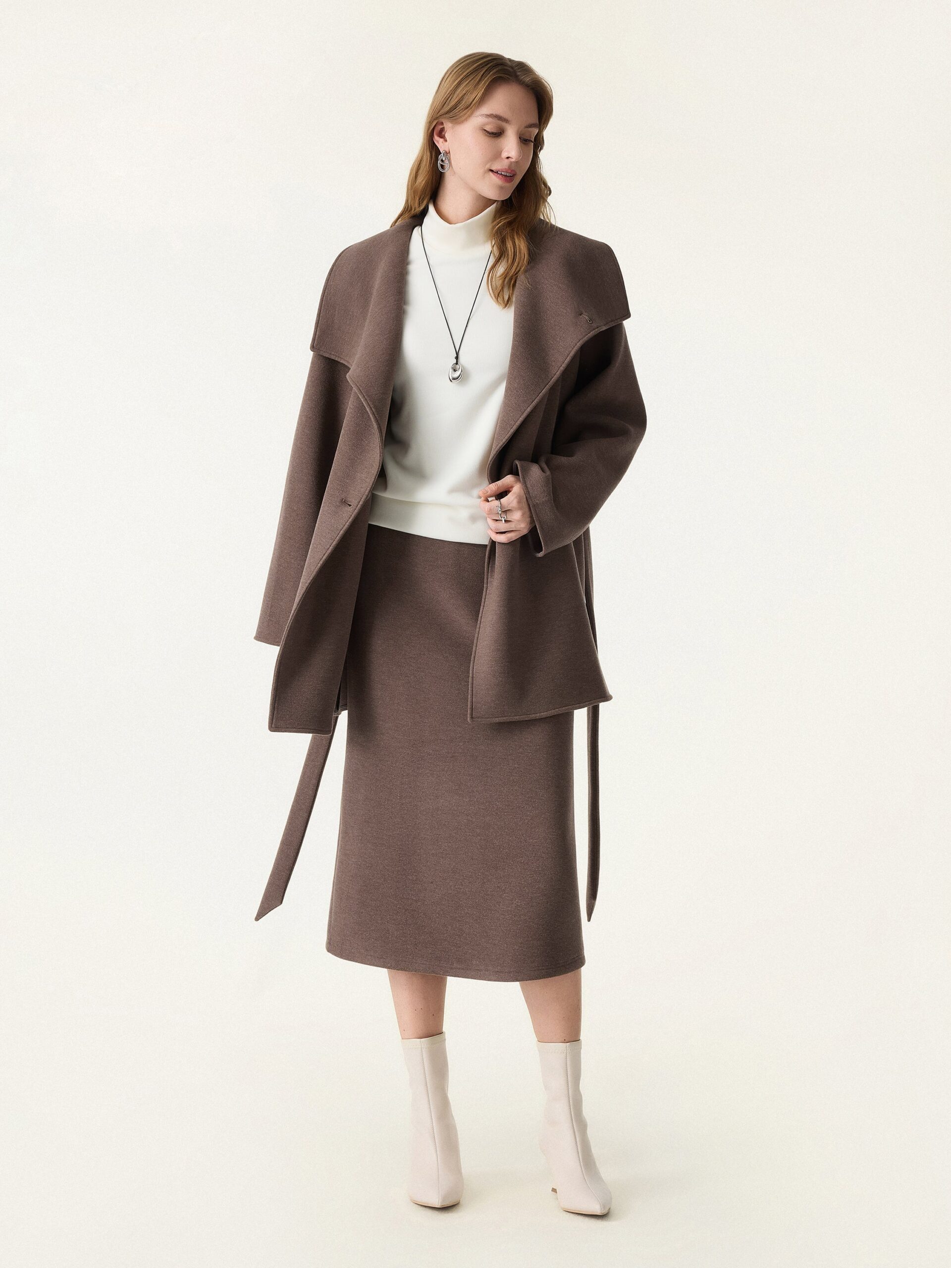 2-teiliges Set: Wickelmantel mit Gürtel und wandelbarem Kragen & figurformender A-Linien-Schlupfrock (Midi-Länge). - Image 2