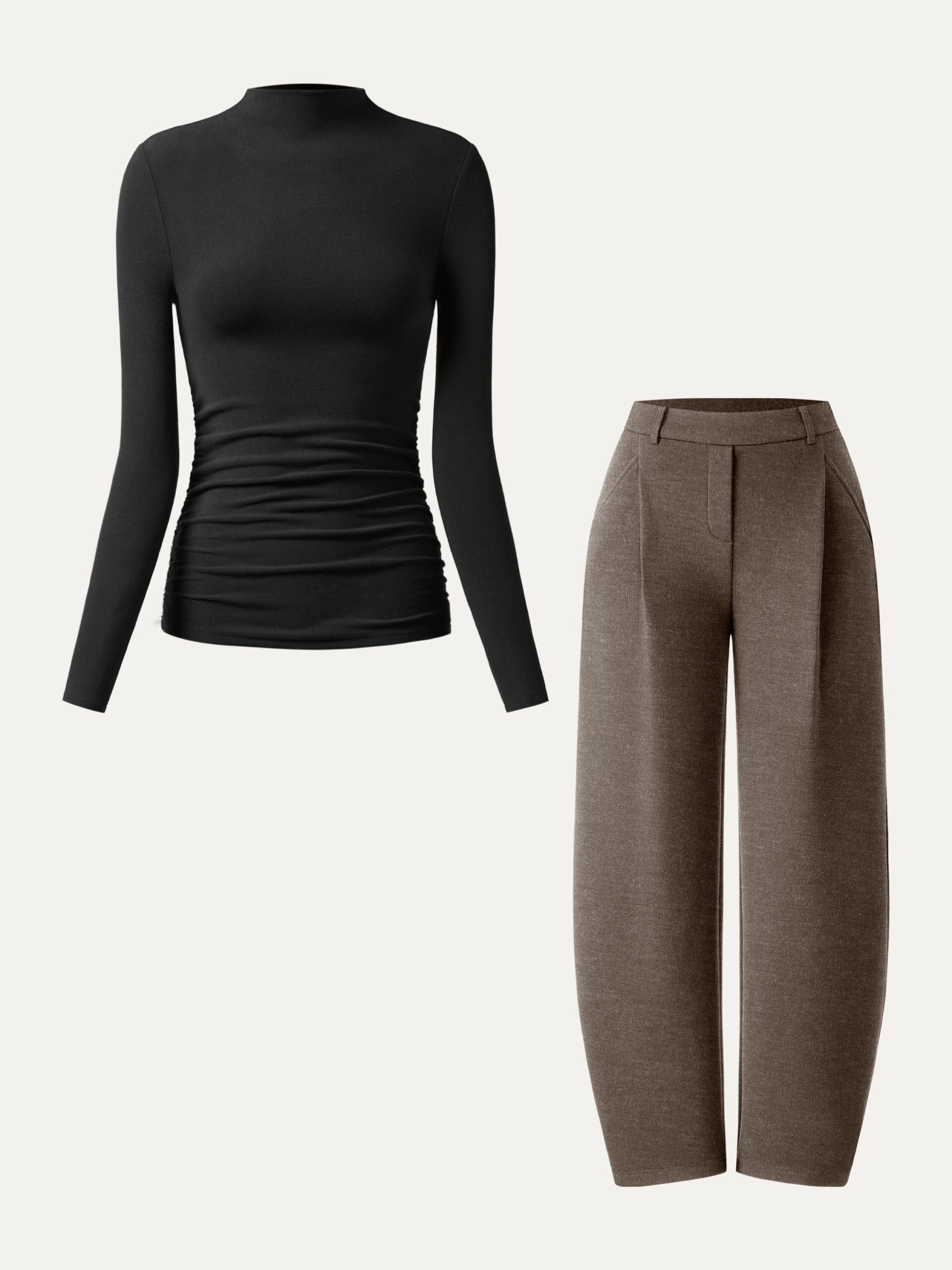 2-teiliges Set: Oberteil mit Raffungen an den Seiten und Stehkragen & mittelhoch geschnittene Schlupfhose mit weitem Bein. - Image 3