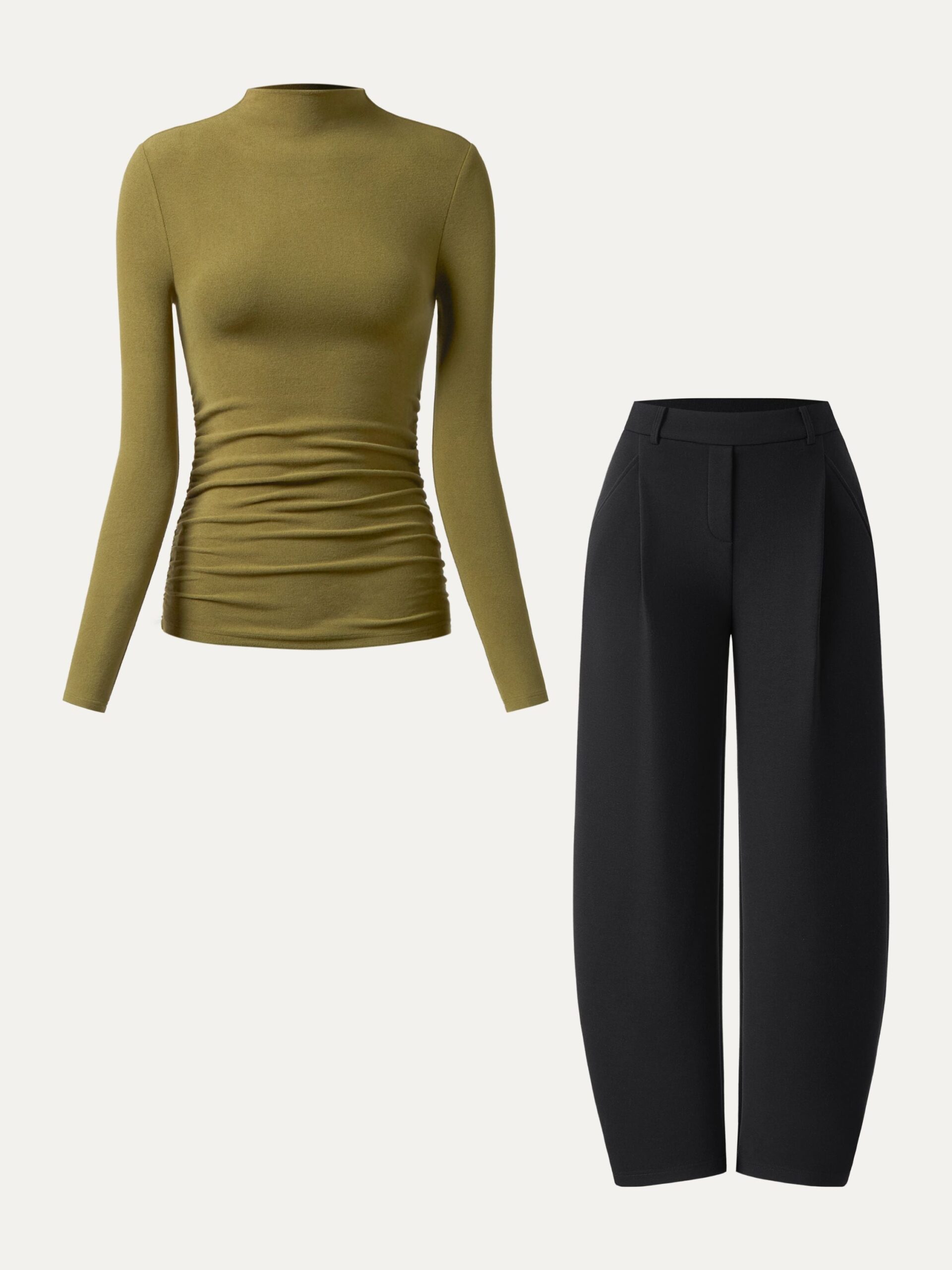 2-teiliges Set: Oberteil mit Raffungen an den Seiten und Stehkragen & mittelhoch geschnittene Schlupfhose mit weitem Bein. - Image 4