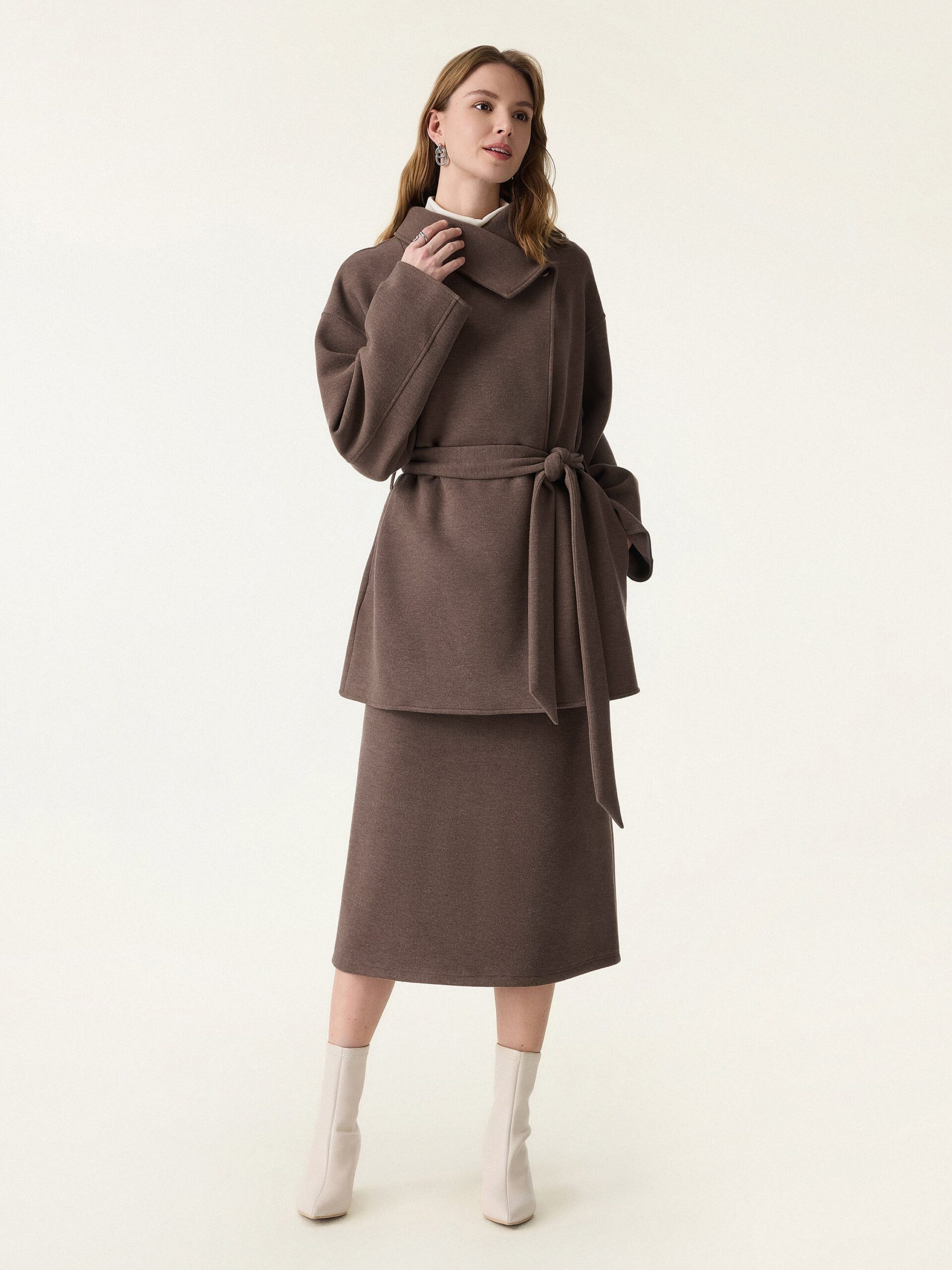 2-teiliges Set: Wickelmantel mit Gürtel und wandelbarem Kragen & figurformender A-Linien-Schlupfrock (Midi-Länge). - Image 3