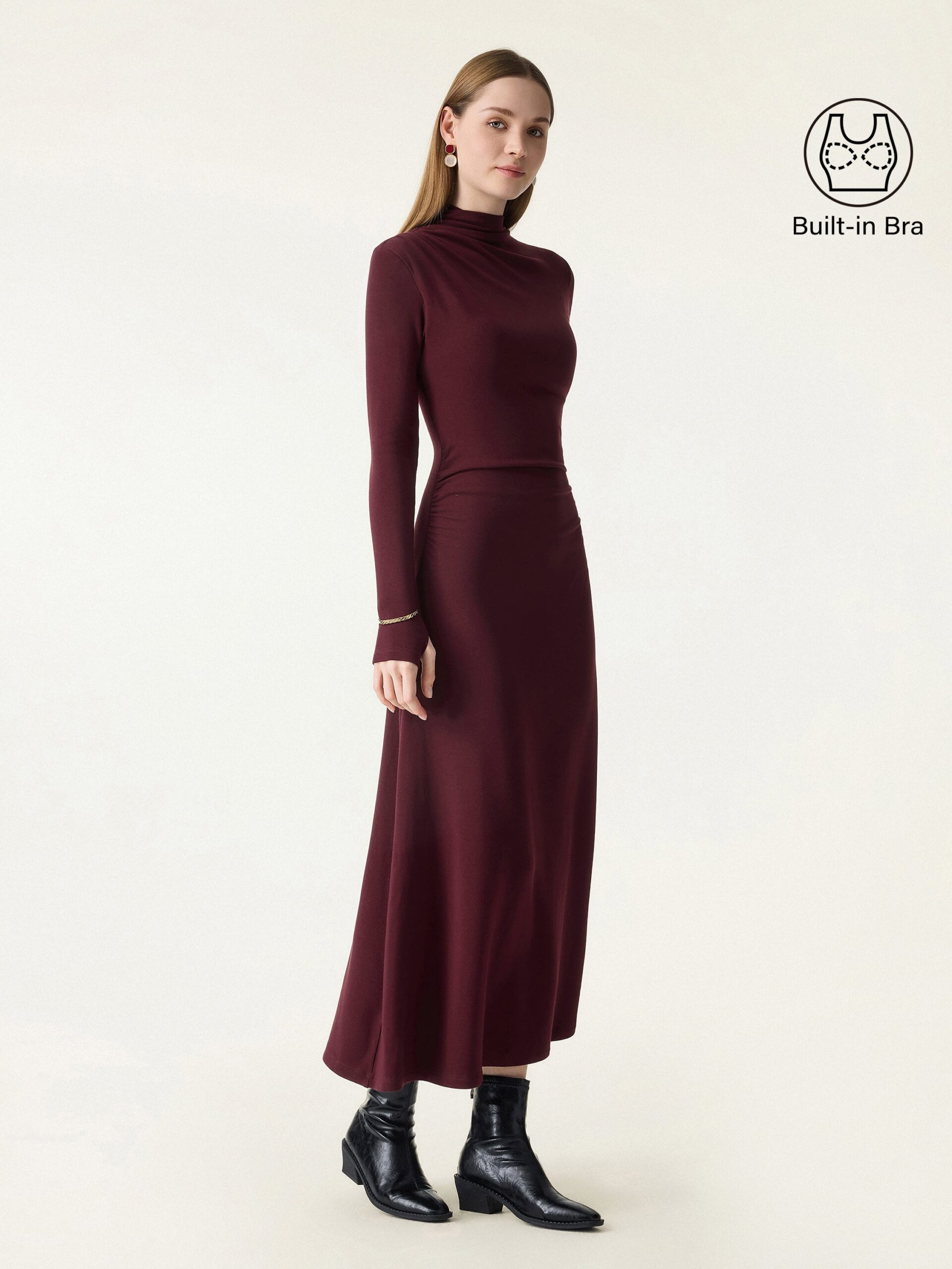 ProWarm Mockneck gerafftes Midi-Brami-Kleid mit Daumenloch